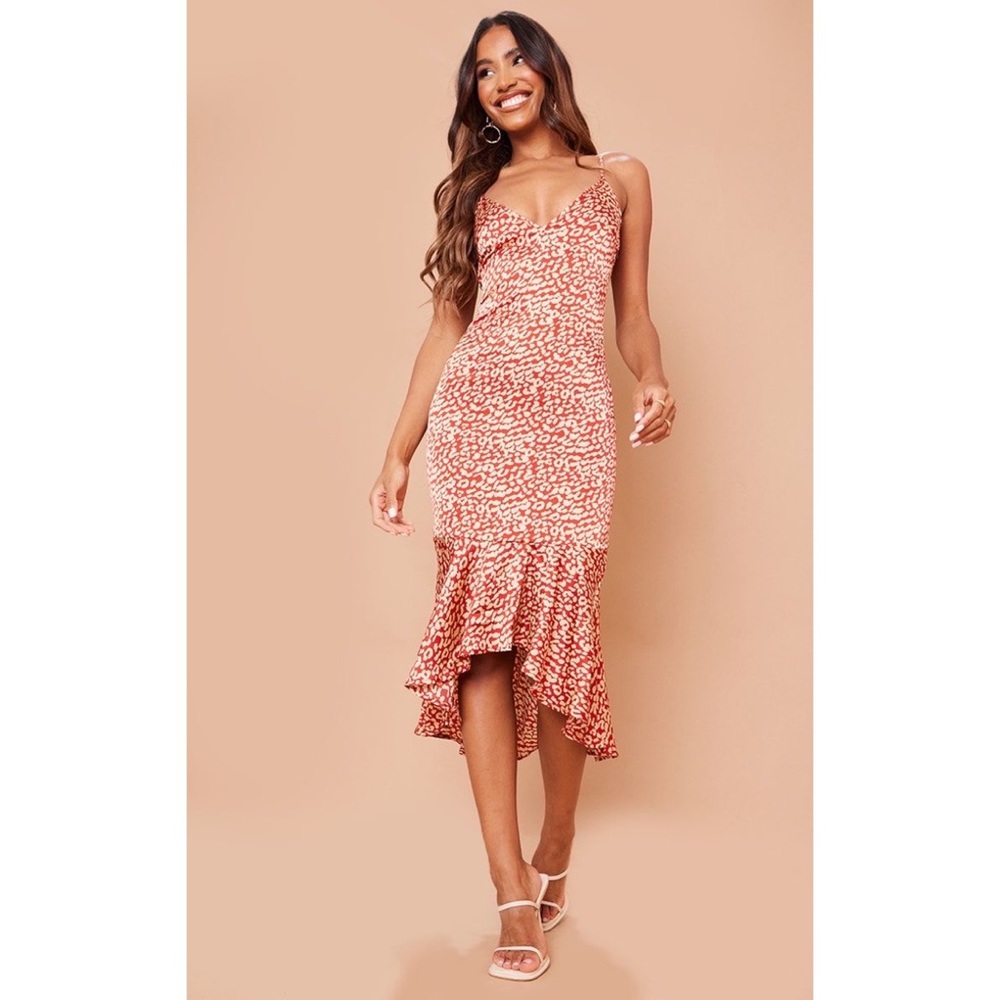 PrettyLittleThing; PLT; Red Leopard Print Frill Hem Midi Dress; Size: US 4 - Picture 2 of 4